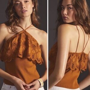 Anthropologie Honey Crochet Ruffle Halter Tank Boho Ribbed Top S/M